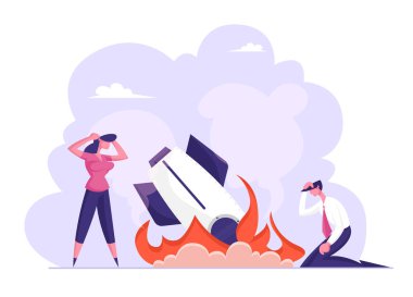 İş başarısızlığı, Crash. İşadamı İşkadını Stand at Burning Startup Rocket 'ı çökertti. Uzay gemisi Düştü. Mutsuz İnsanlar Çalışmayan Çizgi Film Düz Vektör İllüstrasyonunu Başlattığına Üzgünler
