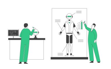 Mühendisler Laboratuvarda Robot Yarattı. Yapay Zeka Gelecek Teknolojisi. Yenilikçi Bak. Ekranda Robotla Yazan Adam. Robot Mühendisliği Çizgi Filmi Düz Vektör İllüzyonu, Çizgi Sanatı