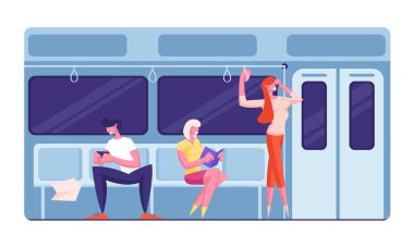 İnsanlar iş yerindeki metro trenine gidiyor. Metro Şehir Taşımacılığını kullanarak Yeraltı Yolcuları. Altgeçit Taşımacılığı İçinde Turistler ve Yerli Vatandaşlar. Düz Vektör İllüstrasyonu
