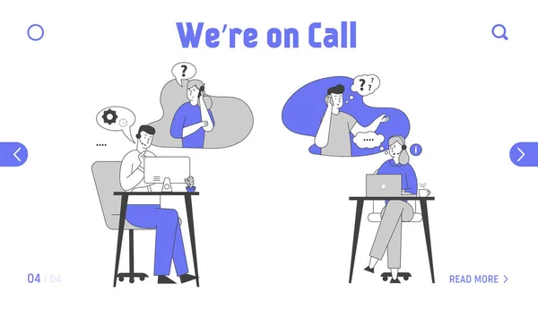 Hotline Service Website Landing Page. Call Center Staff in Headset Chatting with Customers on Computer and Phone. Technical Online Support Web Page Banner. Cartoon Flat Vector Illustration, Line Art — ストックベクタ