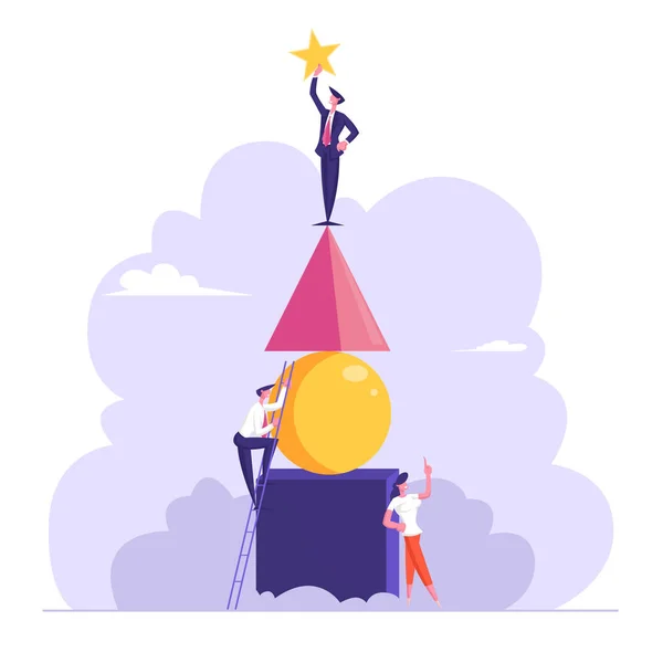 Groep mensen verzamelt abstracte geometrische elementen die enorme piramide vormen. Bedrijfsleider staat op Top Rising Up Golden Star boven Head. Collega Klim Omhoog bij Ladder. Cartoon Flat Vector Illustratie — Stockvector