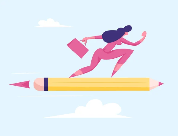 Amaçlı İş Kadını ya da Evrak Çantası Flying on kalem rocket to Work Access and Goal Achievement. Kız Yeni Geliştirme Seviyesine Ulaşır, Kariyer Artırıcı. Çizgi film Düz Vektör İllüstrasyonu — Stok Vektör