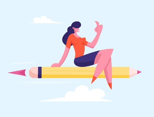 Avslappnad Affärskvinna Visar Tummen upp Flyger på Pencil Rocket Engine Sitter med Crossed Legs Racing till framgång, Business Competition, Kreativ Idé, Project Concept Cartoon Flat Vector Illustration — Stock vektor