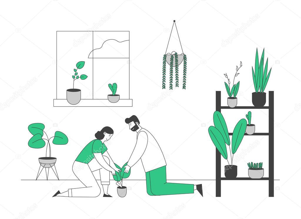 Happy Couple Care of Houseplants Growing in Planters. Young Man and Woman Cultivating Potted Plant at Home. Male and Female Character Enjoying Gardening. Cartoon Flat Vector Illustration, Line Art