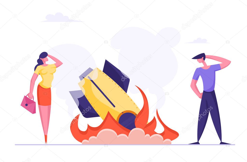 Startup Rocket Crash Concept. Unplanned Business Loss and Fail. Management Mistakes and Problems, First Bad Experience of Workers. Businesspeople Shocked about Failure Cartoon Flat Vector Illustration
