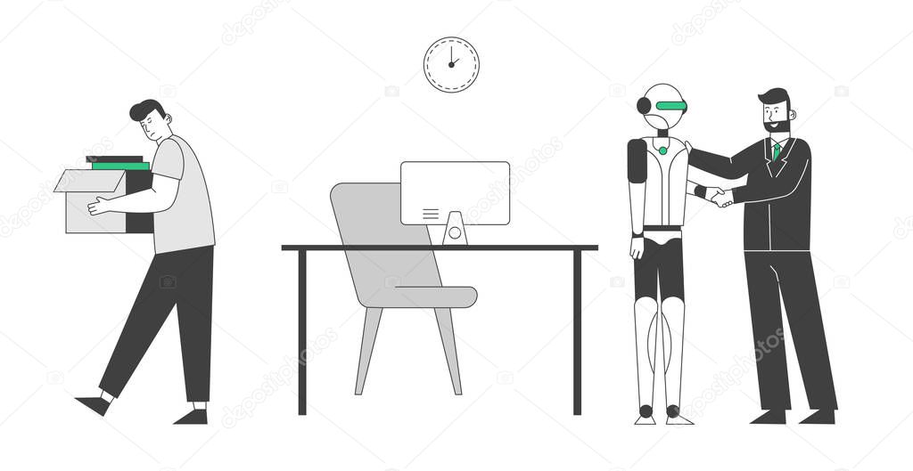Robot Came at Work Place Instead of Person. Man Fired and Thrown Out of Office. Cyborg Kicked Human Away from Job. Artificial Intelligence Domination Concept Cartoon Flat Vector Illustration, Line Art