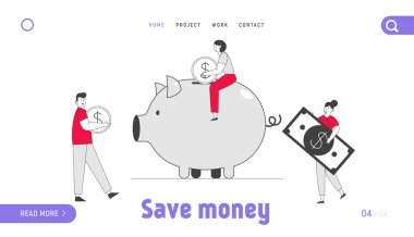 Ucuzluk Kutusu Web Sitesi İniş Sayfasında İnsanlar Para Kurtarıyor ve Topluyor. Erkek ve Kadın Altın Para ve Dolar Banknotunu Piggy Bank, Bütçe Web Sayfası Afişi 'ne koydular. Çizgi film Düz Vektör Çizgi Sanatı
