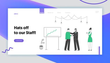İş Adamları Proje Başarı Sitesi İniş Sayfasını Kutlayın. Boss Tokalaşan El Yazısı Ofis Web Sayfasında Büyüyen Grafik ile Ekranda İşadamına. Çizgi film Düz Vektör İllüstrasyonu, Satır Sanatı