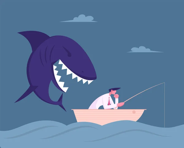 Bedachtzame zakenman Zittend in boot met vishengel Vissen vangen in de oceaan, Enorme haai Sluip naar hem toe van Terug Bereid om aan te vallen. Onverwachte problemen, Crisis Cartoon Flat Vector Illustratie — Stockvector
