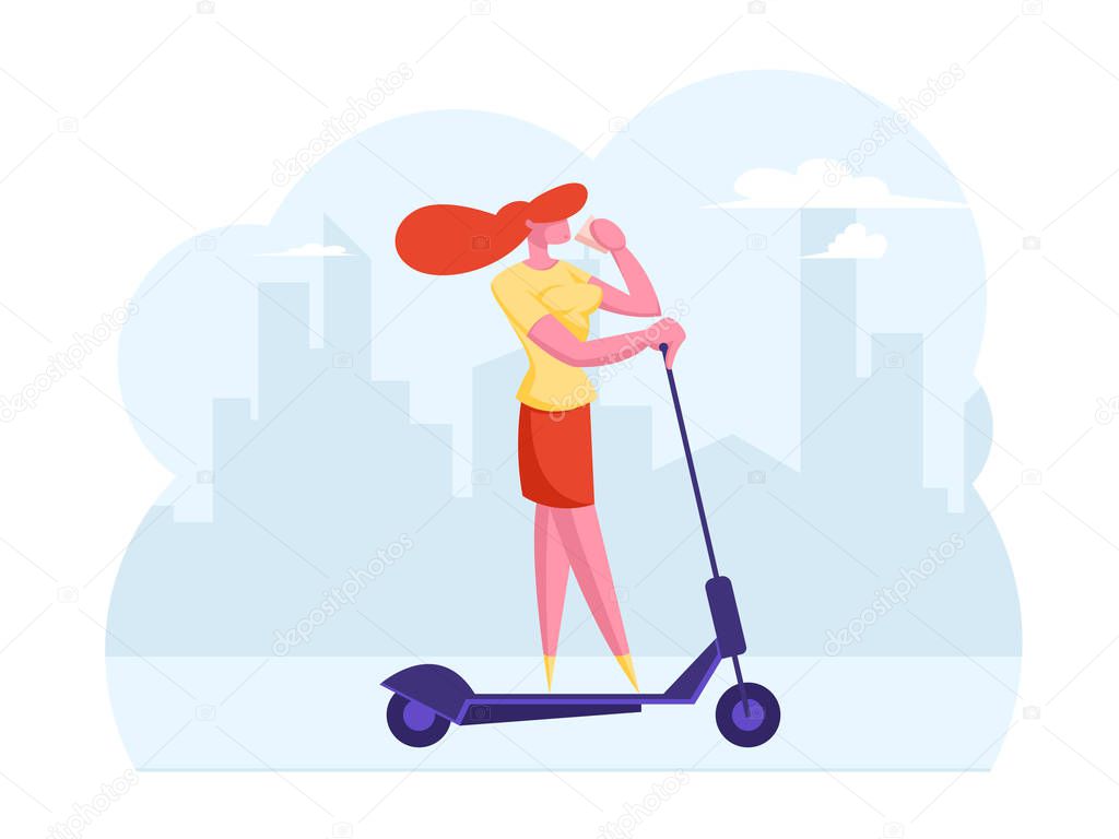 Young Business Woman Driving Scooter Drinking Coffee in City, Hurry at Work. Outdoors Activity, Dweller Lifestyle in Megapolis, Happy Girl Outdoor Walking Recreation. Cartoon Flat Vector Illustration