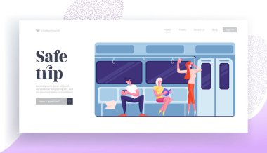 İş Yeri İniş Sayfasında Metroyla Giden İnsanlar. Metro Toplu Taşımacılık ile Yeraltı Yolcuları. Karakterler Ulaşım Web Sayfası Afişi Altgeçişi. Çizgi film Düz Vektör İllüstrasyonu