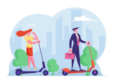 Günlük Şık Giyimli Genç İş Kadını Kahve İçen ve Resmi Giyimli Yakışıklı Adam Şehir Megapolis 'te İşe Elektrikli Scooter Binerek Gidiyor. Yaşam Tarzı Çizgi Filmi Düz Vektör İllüstrasyonu