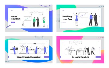 Otomasyon, Ofis Sitesi İniş Sayfasında Çalışan İnsanlar ve Robotlar. Robot Mühendisliği Yenilikçi Görünüm, Teknoloji. Şirket Başarı Web Sayfası Afişi. Çizgi film Düz Vektör İllüstrasyonu, Satır Sanatı
