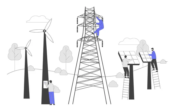 Zrównoważony rozwój zielonej energii, koncepcja ochrony środowiska i ekologii. Nowe technologie Integracja z życiem człowieka. Panele słoneczne Wiatraki Elektryczna wieża Cartoon Flat Vector Ilustracja — Wektor stockowy