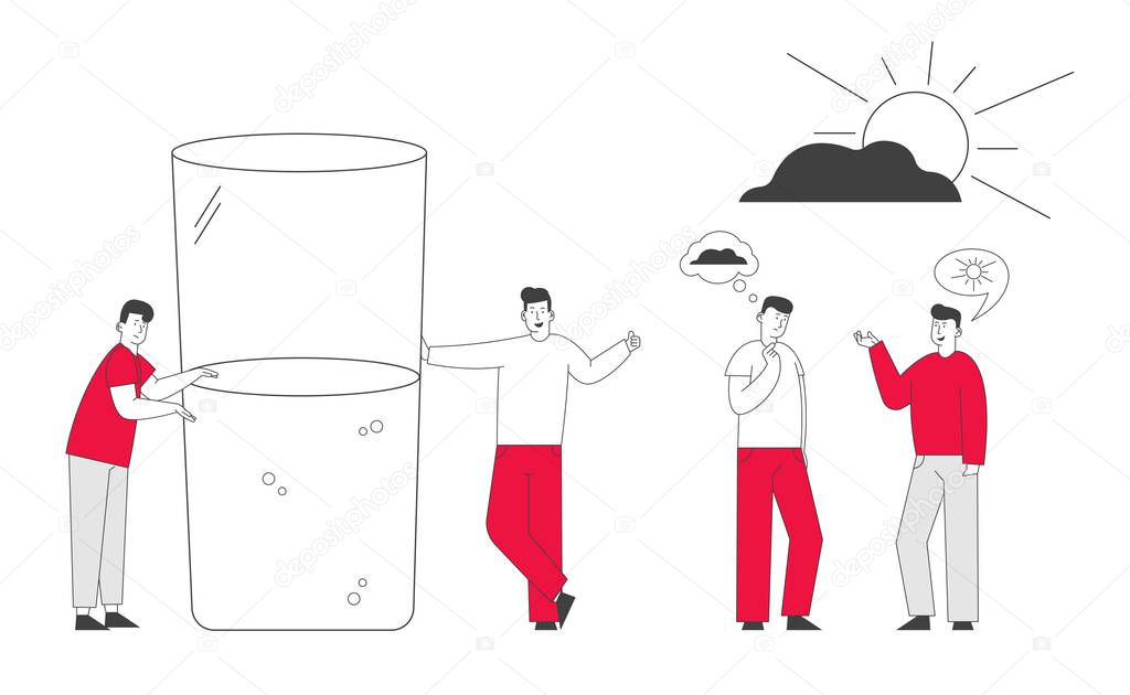Men with Bad and Good Thoughts in Head Stand at Huge Half Full or Empty Glass with Water. Positive and Negative Thinking Pessimist and Optimist People Concept Cartoon Flat Vector Illustration Line Art