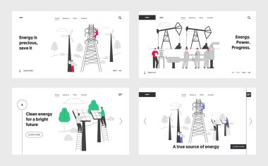 Çevre, Sürdürülebilir Yeşil Enerji, Gaz Endüstrisi İniş Sayfa Kümesi. Yeni Teknolojileri Güç İçin Kullananlar, Madencilik Kaynakları Web Sayfası Afişi. Çizgi film Düz Vektör İllüstrasyonu, Satır Sanatı