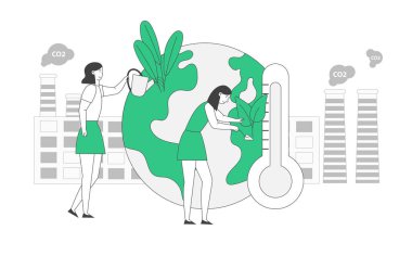 Küresel ısınma kavramı. Fabrika Borularına Karşı Dünya 'daki Bitkilerin Kızları Duman Çıkartıyor. İnce Toz Havası Kirliliği Endüstriyel Kirlilik Kod 2 Gaz Emisyonu Çizgi Filmi Düz Vektör Çizgi Çizgisi