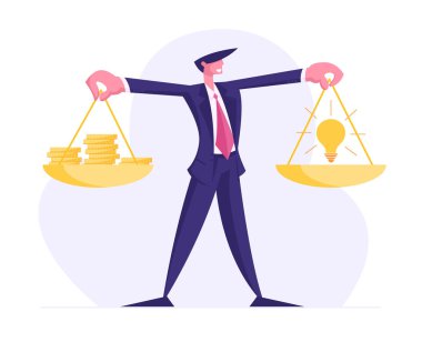 Fikir, para kavramı. Parlayan Ampul ve Altın Para Yığını ile İşadamı Ölçek Tutuyor. Terazi, İş Modeli Finansmanı Projesi. Çizgi film Düz Vektör İllüstrasyonu
