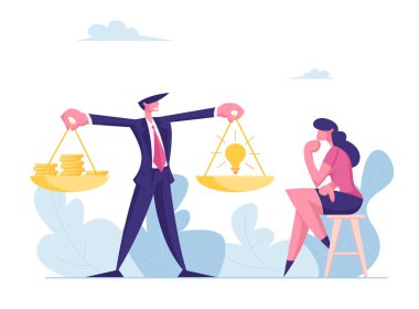 Altın Madeni Paralar ve Parlayan Ampulle Altın Ölçekli İşadamı, İş Kadını Para ve Fikir Seçmek İçin Ne Düşünüyor. Alternatif Seçim, Yatırım Yardımı. Çizgi film Düz Vektör İllüstrasyonu