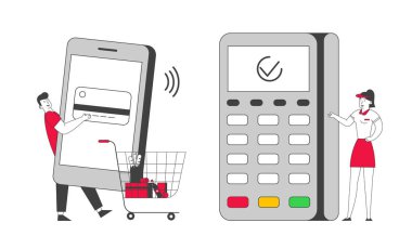 Kredi kartı okuyucu makineli akıllı telefon ödemesi konsepti. Süpermarkette Satın Almalarla Trolley 'i İten Adam Pos Terminal Flat Vector Illustration, Line Art' da Cep Telefonunu Ödeme İçin Hazırla