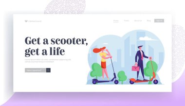 Yaşam Tarzı Sitesi İniş Sayfası. İş Kadını Kahve İçiyor ve Adam Resmi Giysiler Giyiyor Elektrikli Scooter ile Şehir Megapolis 'te İşe Gidiyor Web Sayfası Banner. Çizgi film Düz Vektör İllüstrasyonu
