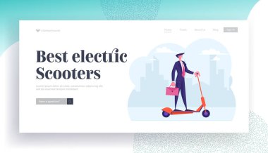 Ekoloji Taşımacılığı Web Sitesi İniş Sayfası. İş adamı evrak çantasını tutuyor elektrikli scooter kullanıyor. Acele et. İş adamı Şehir Megalopolis Yaşam Tarzı Web Sayfası Afişi. Çizgi film Düz Vektör İllüstrasyonu