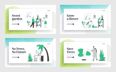 Ev ve Sera Web Sitesi İniş Sayfası Seti 'nde İnsanların Bahçesi. Bitkilerle Mutlu Aile Çiftliği. Garden Web Sayfa Banner 'da çalışan bilim adamları. Çizgi film Düz Vektör İllüstrasyonu, Satır Sanatı