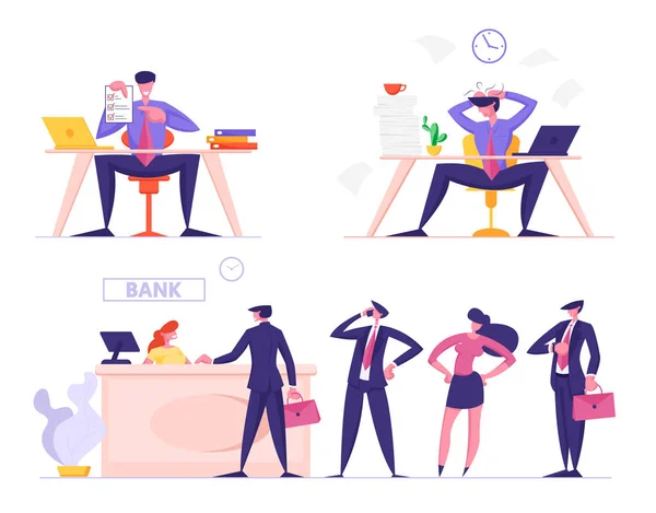 Set of Businesspeople in Different Life Situations Stand in Bank Queue for Getting Banking Service, Contrato de Assinatura ou Seguro, Prazo de Prazo e Ônibus no Trabalho Isolado Cartoon Flat Vector Illustration — Vetor de Stock