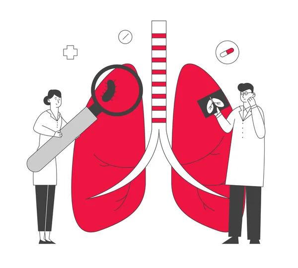 呼吸器医学,ヘルスケアと呼吸器学の概念.医師拡大ガラスで人間の肺をチェック, X線を作ります.医療用パルモノロジーケア,解剖学漫画フラットベクトルイラスト,ラインアート — ストックベクタ