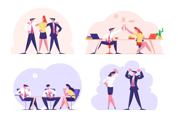 Σύνολο των επιχειρηματιών Dream Team απομονώνονται σε λευκό φόντο. Οι υπάλληλοι γραφείου αγκαλιάζονται, κάνουν κόλλα πέντε, κάνουν διάλειμμα για καφέ. Ομαδική συνεργασία, Επιτυχία Cartoon Flat Vector Illustration — Διανυσματικό Αρχείο
