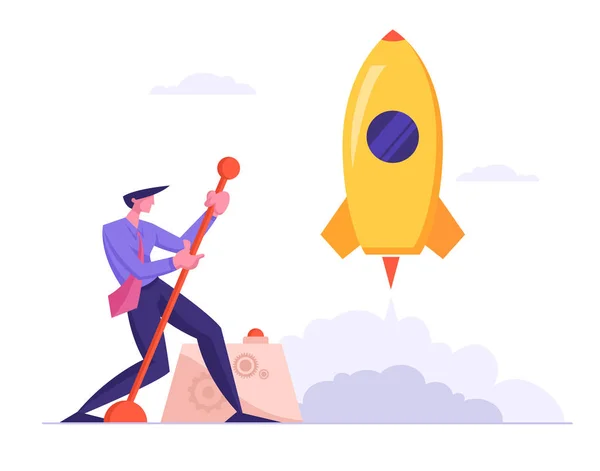 Zakenman lanceert Business Project Ruimteschip Startup. Financiële Idee Realisatie en Succes. Creative Business Man met Enorme Lever Arm Launch Rocket Start Up. Cartoon Flat Vector Illustratie — Stockvector