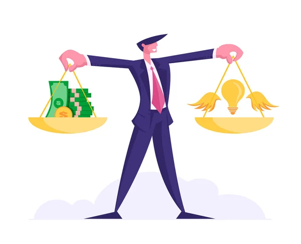 Ide Membawa Konsep Uang. Cheerful Businessman Holding Gold Weights with Stack of Coins and Banknotes and Glowing Light Bulb with Wings on Scalepans Profitable Insight Cartoon Flat Vector Illustration (dalam bahasa Inggris). - Stok Vektor