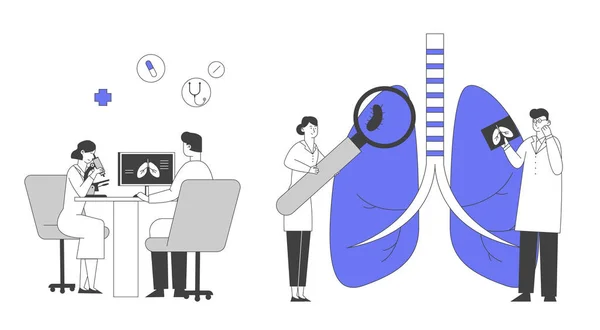 Ispezione polmonare, esame del sistema respiratorio Concetto di assistenza sanitaria e trattamento. I medici controllano organo interno per malattie, malattie o problemi polmonari Cartoon Flat Vector Illustrazione, Line Art — Vettoriale Stock