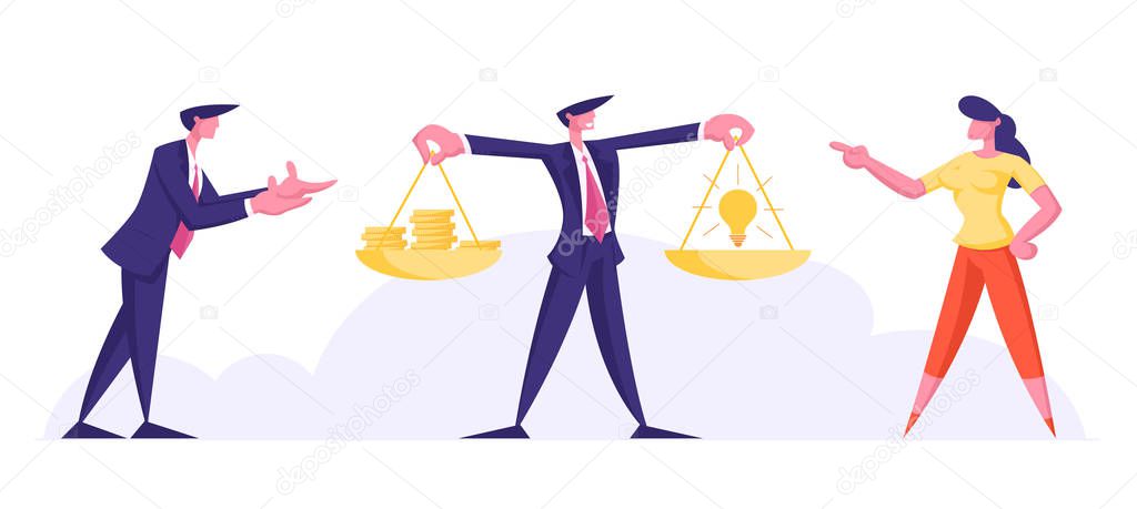Crowdfunding, Profitable Idea Concept. Businessman and Businesswoman Stand at Scales with Money Coins and Glowing Light Bulb on Scalepans. Crowd Funding, Sponsorship. Cartoon Flat Vector Illustration