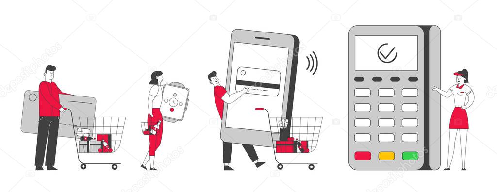 Customers Stand in Queue in Supermarket Prepare Credit Card, Smart Watch and Smartphone for Cashless Paying at Cashier desk. Saleswoman Hold Pos Terminal Cartoon Flat Vector Illustration, Line Art