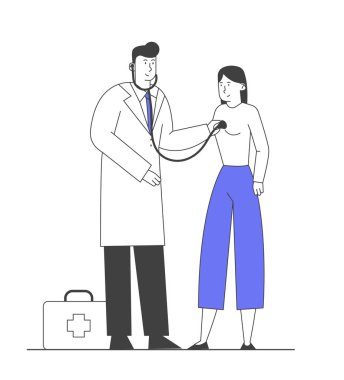 Hastalık ve mevsimsel hastalık kavramı. Erkek doktor, hasta ziyaretçisi kalp atışları, soğuk algınlığı, virüs ya da grip kapma. Çizgi film Düz Vektör İllüstrasyonu, Satır Sanatı