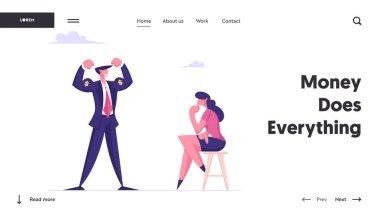 En Büyük Finansal Sonuçlar Web Sitesi İniş Sayfası. Kibirli İşadamı, Düşünceli İş Kadınına Dollar Sing ile Kasları Gösterin Web Sayfası Afişi 'ne bakın. Çizgi film Düz Vektör İllüstrasyonu