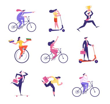 İş adamları ve kadınlar tek tekerli bisiklet, scooter, bisiklet ve kaykay seti beyaz arka planda izole edildi. Finans Liderliği Yarışmasında İş Adamları. Çizgi film Düz Vektör İllüstrasyonu
