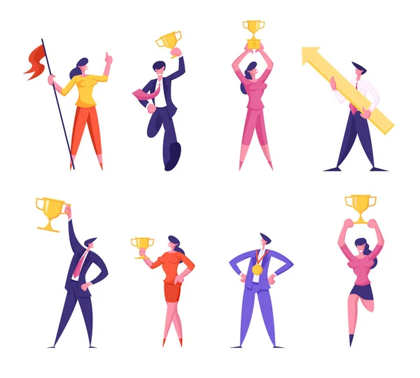 Liderlik Yarışmasında Altın Kadeh Birinciliği Kazanan Başarılı İş Adamları Takımı. Kazanan İş Adamları ve Kadınlar Zafer Çizgi Filmi Düz Vektör İllüstrasyonunu Kutluyor — Stok Vektör