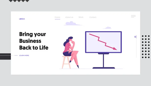 Pénzügyi válság, befektetési recesszió a Stock Website Landing Page oldalon. Üzletasszony Keresi a Chartboard piros nyíl megy le. Falling Chart Web Page Banner. Rajzfilm lapos vektor illusztráció — Stock Vector