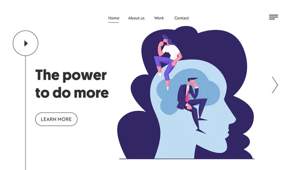 Creative People Brainstorm and Searching Solution Website Landing Page. Businessman and Businesswoman Sitting on Huge Human Head in Thinking Posture Web Page Banner. Cartoon Flat Vector Illustration — 스톡 벡터