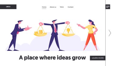 Toplu kaynak, Kârlı Fikir Sitesi İniş Sayfası. İşadamı ve İş Kadını, Scalepans Web Sayfasında Para Bozuklukları ve Parlayan Ampulle Tartışıyor. Çizgi film Düz Vektör İllüstrasyonu