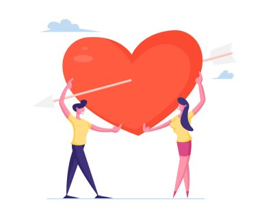 Sevgili çift, Aşk Tanrısı Arrow 'la Büyük Kırmızı Kalp' i paylaştı. İnsan İlişkileri, Aşk, Romantik İlişkiler. Erkek ve Yeni Evli Karakterler Birlikte Zaman Geçiriyorlar. Çizgi film Düz Vektör İllüstrasyonu