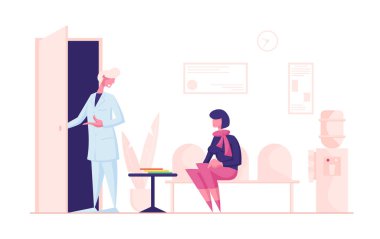 Kadın Hasta Klinik Lobisinde Koltukta Oturuyor, Salon İçi Doktor Randevusu. Pratisyen, Tıbbi Kontrol ve Tedavi için Hastayı Davet Ediyor, Sağlık Çizgisi Flat Vektör İllüzyonu