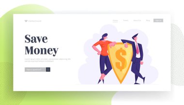Para Koruma ve Mali Savunma Sitesi İniş Sayfası. Üzerinde Dolar İşareti olan Altın Kalkan taşıyan iş adamları. Finansal Sigorta ve Güvenlik Web Sayfası Çizgi Film Düz Vektör İllüstrasyonu