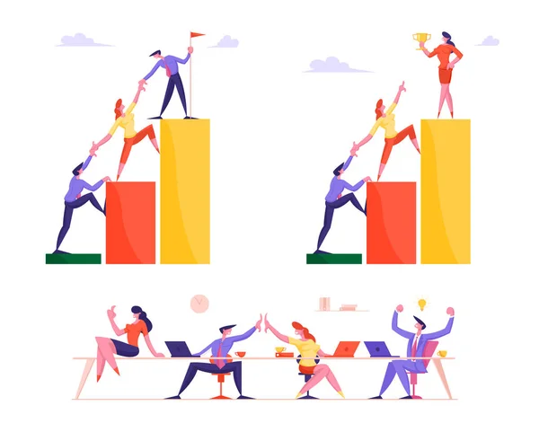 Σύνολο των επιχειρηματιών αναρρίχηση μέχρι τα οικονομικά διαγράμματα και σκάλες διάγραμμα δημιουργήσει σημαία στην κορυφή. Σκάλα καριέρας με χαρακτήρες. Ομαδικές εργασίες, Challenge Partnership και Leadership Cartoon Flat Vector Εικονογράφηση — Διανυσματικό Αρχείο