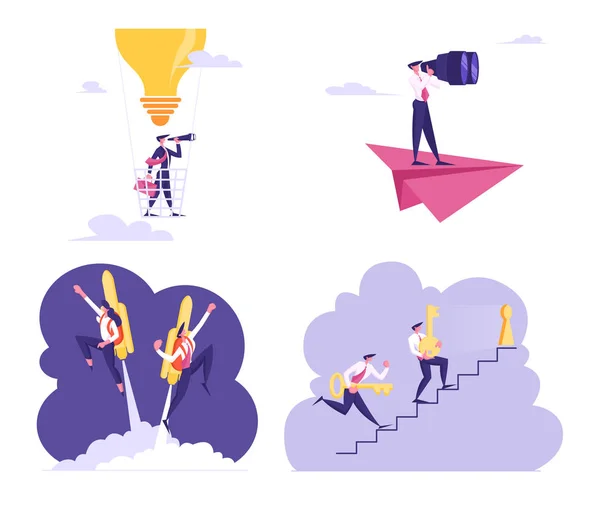 Set of Business People Flying on Air Balloon, Rocket Jet Pack and Paper Airplane, Climbing Upstairs with Huge Keys. Office Workers Career Boost Vision, Start Up Launch Cartoon Flat Vector Illustration — ストックベクタ
