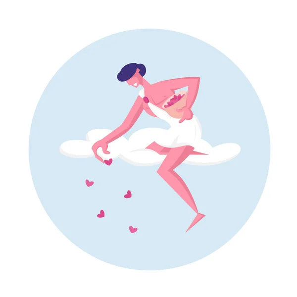 Glimlachende Cupido Man draagt witte toga zittend op Cloud Gooi rode harten uit de lucht op de grond. Cherub Verspreid liefde en romantisch onder mensen, Gelukkige Valentijnsdag Concept Cartoon Flat Vector Illustratie — Stockvector
