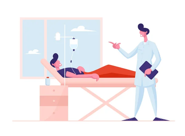 Медицинская концепция здравоохранения. Врач в медицинском халате, навещающий пациента, лежащего с капельницей на кровати в больничной палате. Медицинский осмотр, процесс выздоровления больного человека Мультфильм Плоский вектор иллюстрация — стоковый вектор