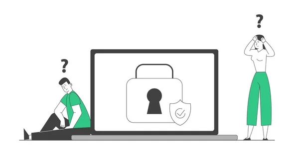 Sad Confused Man and Woman Sitting near Huge Laptop with Padlock and Shield on Screen Trying to Remember Lost Password for Profile and Account in Internet. Cartoon Flat Vector Illustration, Line Art — 스톡 벡터